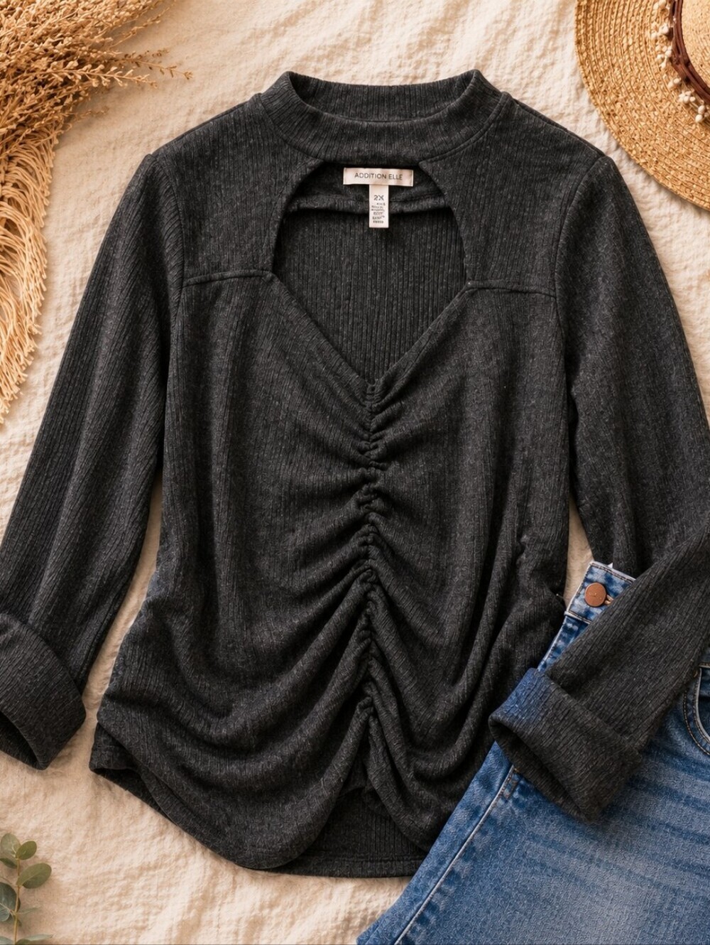 Addition Elle Ruched Keyhole Knit Top 2X Charcoal